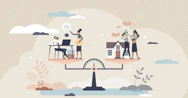 an illustration of people standing on a balance on one side there is a person at a desk with a computer and on the other are two people leaving their house together for a walk to symbolize work-life balance