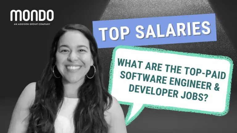 black and white image of a smiling female staffing professional with dark hair standing next to colorful text that reads "Top Salaries - What are the top paid software engineer jobs?"