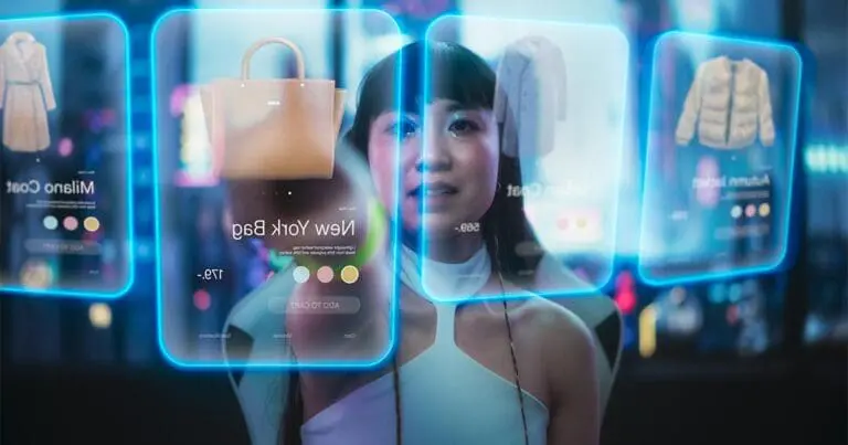 image of a woman in a white top reaching out to tap on floating translucent images of online shopping windows in the foreground of the image